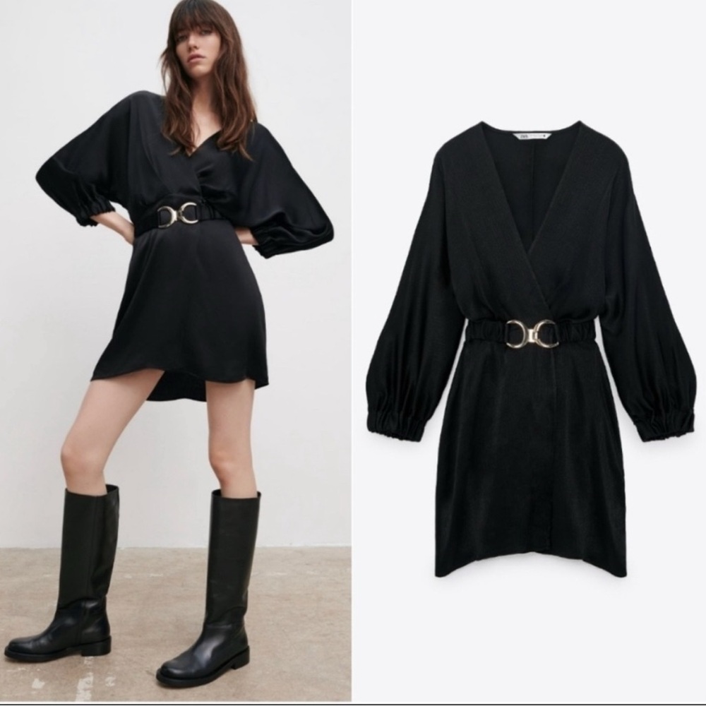 Zara Black Long Sleeve Mini Dress with Statement Waist Buckle
